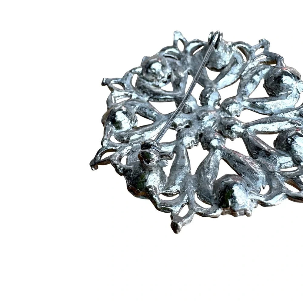 Vintage Rhinestone Floral Brooch‎ Mid-Century Starburst Silver Toned Blue Green